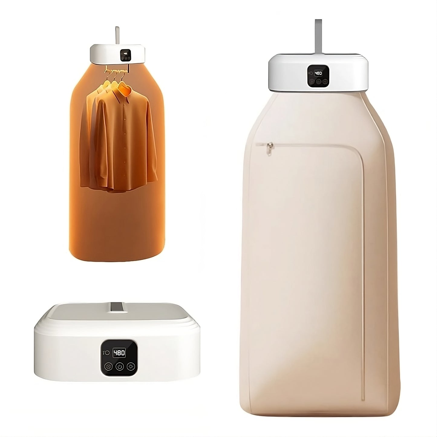 Portable clothes dryer (AsciuGO) with hanging garment on a white background