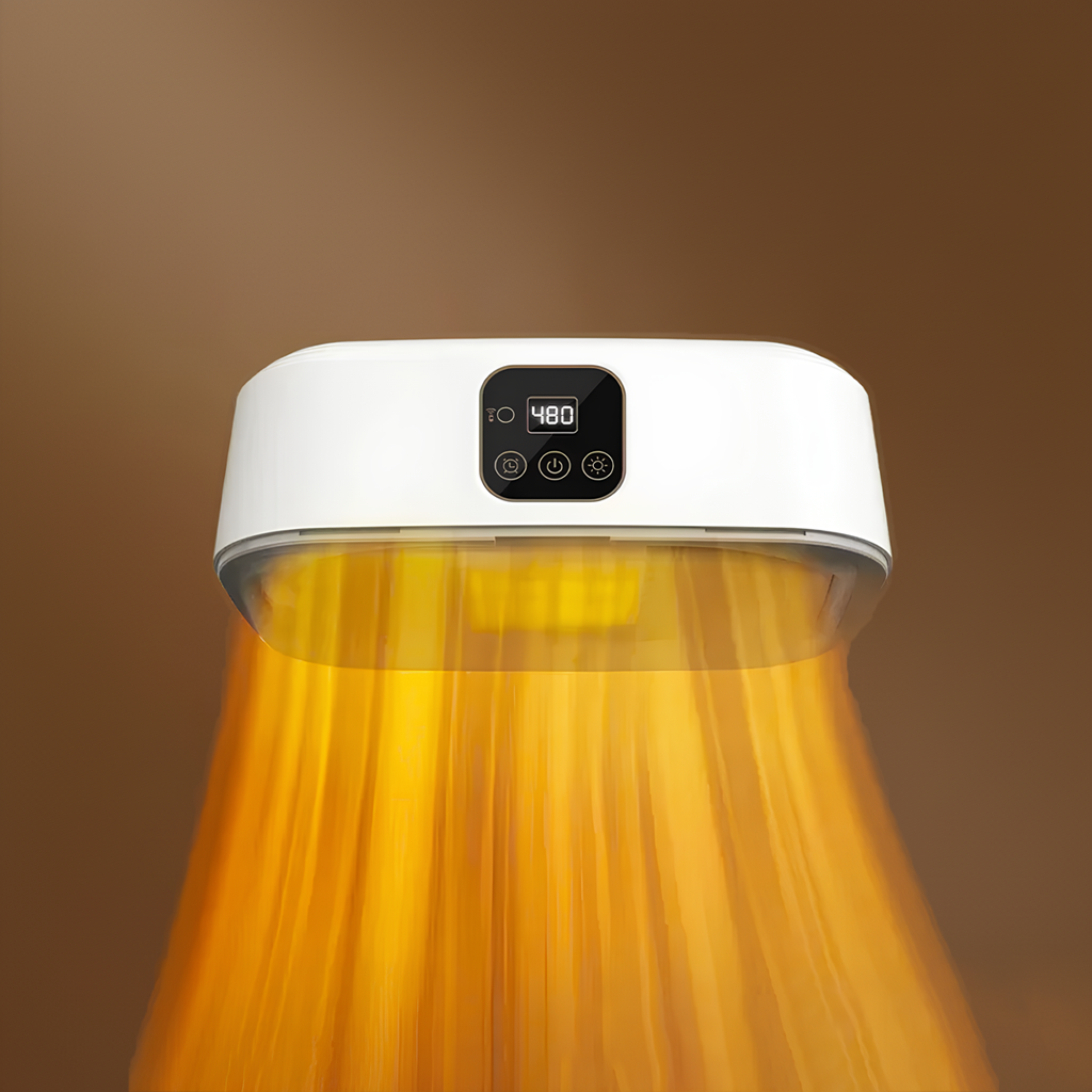 White (ascuGO) device emitting a warm glow on a brown background