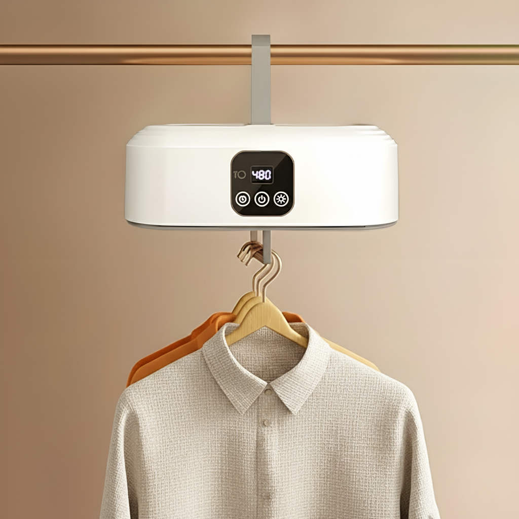 White (asciuGO dryer) on a wooden hanger, drying hanged cloths