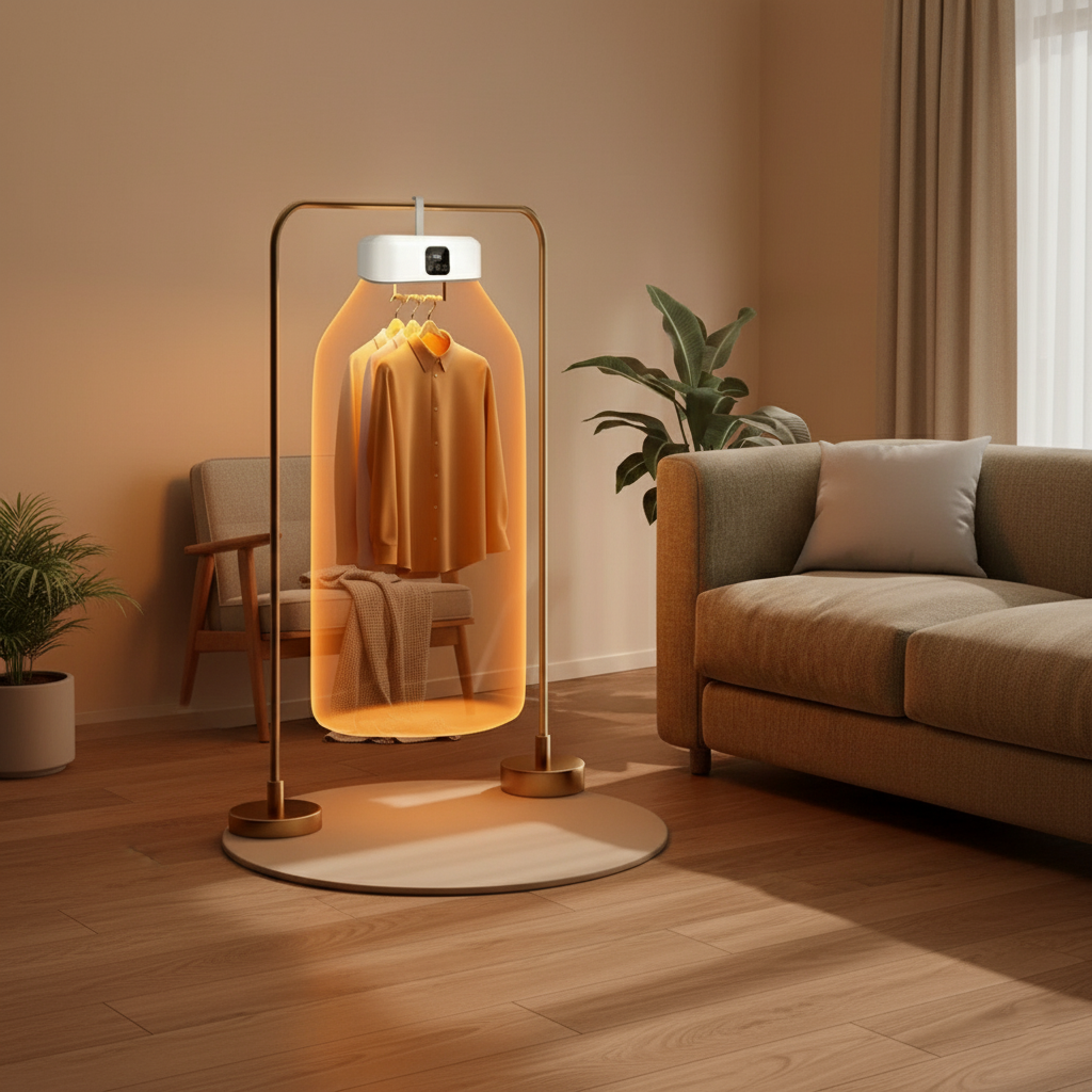 Portable clothes dryer (asciuGO) with clothes inside in a living room setting